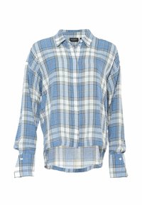Chemise à carreaux bleus et blancs à manches longues, avec un col et un ourlet droit. Fabriquée à partir d'un tissu doux et léger.