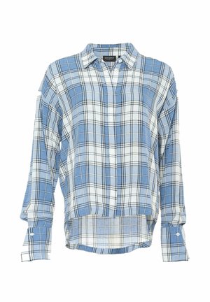 Blue and white plaid button-down shirt with long sleeves, collar, and a straight hem. Made from a soft, lightweight fabric.