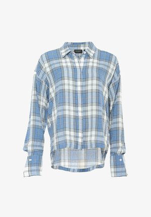 Blå og hvit rutete skjorte med knapper, lange ermer, krage og rett kant. Laget av et mykt, lett stoff.