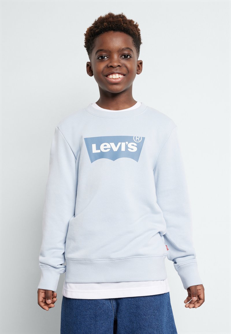 Sudadera de color azul claro con puños y dobladillo acanalados, que presenta un gran logotipo blanco de Levi's en el frente. Usada sobre una camiseta blanca y pantalones cortos de mezclilla.