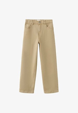 Pantalon en denim beige avec une coupe droite, cinq poches et une fermeture par bouton. Présente une finition propre sans motifs ni accents visibles.