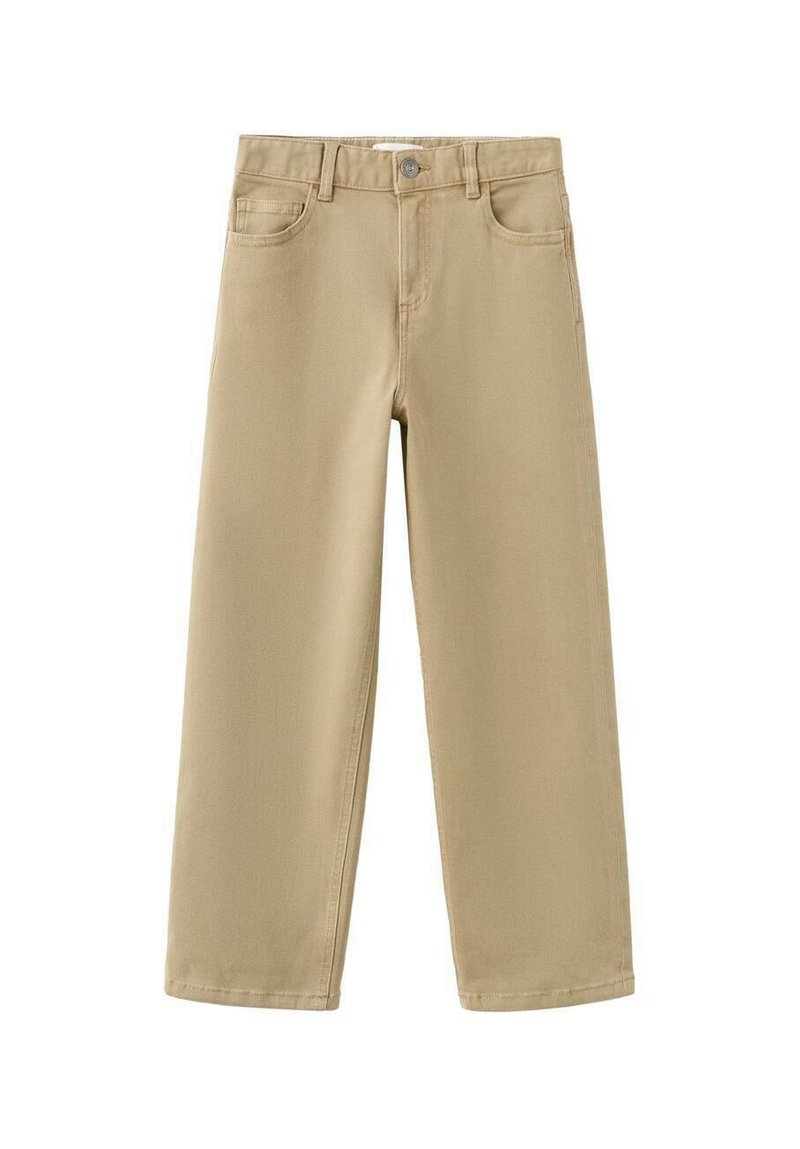 Pantaloni din denim bej cu design cu picior drept, cinci buzunare și închidere cu nasture. Prezintă un finisaj curat, fără modele sau accente vizibile.