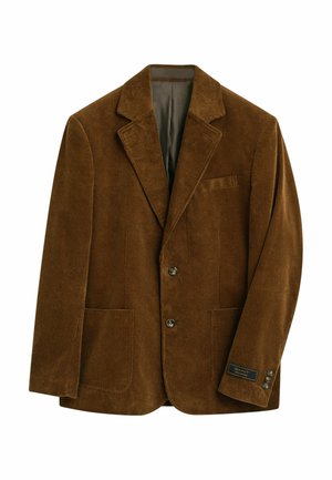 Brauner Corduroy-Blazer mit Reverskragen, zwei Knöpfen, Vorder- und Brusttaschen. Verfügt über eine dezente vertikale Rippstruktur.