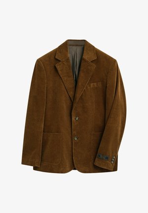 Brauner Corduroy-Blazer mit Reverskragen, zwei Knöpfen, Vorder- und Brusttaschen. Verfügt über eine dezente vertikale Rippstruktur.
