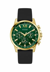Orologio color oro con quadrante verde, cinturino in gomma nera, funzionalità cronografo, indici delle ore bianchi e scala tachimetrica visibile.