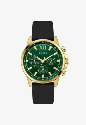 Aukso spalvos laikrodis su žaliais ciferblatais, juoda guminė apyrankė, chronografo funkcijos, baltos valandų žymės ir matoma tachimetrinė skalė.