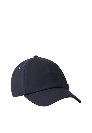 Navy blue baseball cap made of smooth fabric; features curved visor, stitching details, and a small logo on the side.