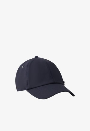 Marineblå baseballkasket lavet af glat stof; har en buet skygge, syninger og et lille logo på siden.
