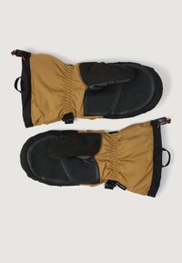 Vodootporne smeđe rukavice s crnom dlanom, elastičnim manžetama i podesivim trakama, s glatkim i teksturiranim materijalima za bolji grip.