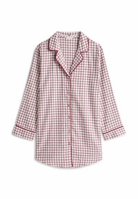 Czerwona i biała piżama w kratę z długimi rękawami, kołnierzem z wycięciem, zapięciem na guziki z przodu oraz kontrastowym przeszyciem na mankietach i kołnierzu.
