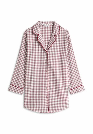 Czerwona i biała piżama w kratę z długimi rękawami, kołnierzem z wycięciem, zapięciem na guziki z przodu oraz kontrastowym przeszyciem na mankietach i kołnierzu.