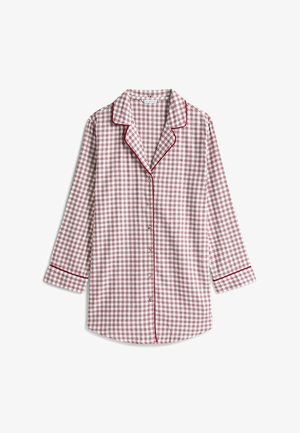 Czerwona i biała piżama w kratę z długimi rękawami, kołnierzem z wycięciem, zapięciem na guziki z przodu oraz kontrastowym przeszyciem na mankietach i kołnierzu.