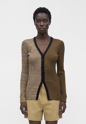 Femme portant un cardigan bicolore à manches longues avec des rayures mélangées et un short beige, debout devant un fond blanc uni.