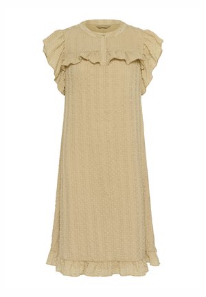 Vestido beige con mangas cortas con volantes, escote redondo y detalle de botones. Tejido texturizado con dobladillo acampanado y diseño sutil arrugado.