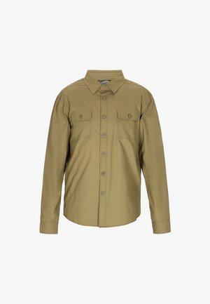 Olivově zelená košile na knoflíky s dlouhými rukávy, dvěma náprsními kapsami a špičatým límcem. Vyrobena z hladké látky s uvolněným střihem.