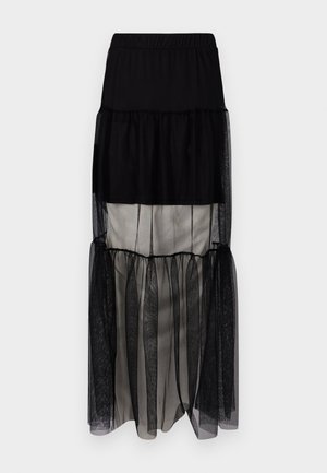 Schwarzer, geschichteter Maxikleid mit elastischem Bund, der durchsichtige Tüllpaneele, kontrastierendes Satinfutter und eine fließende Silhouette aufweist.