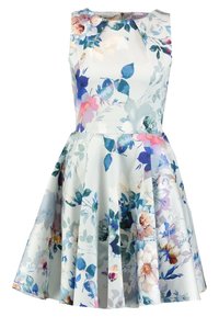 Robe florale en tissu bleu clair avec un corsage ajusté et une jupe évasée. Présente des motifs floraux colorés et une fermeture éclair dans le dos.