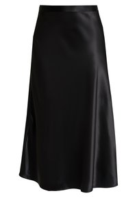 Schwarzer Satin-Midirock mit glatter Textur, seitlichem Schlitz und glänzendem Finish. Einfaches, figurnahes Taillenband-Design.