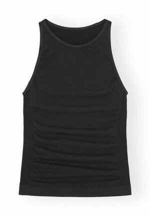 Schwarzes ärmelloses Tanktop aus glattem Stoff, mit rundem Halsausschnitt und leicht gerafften Seiten für eine optimale Passform. Einfaches und vielseitiges Design.