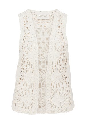 Een kantenvest in off-white met bloemvormige uitsnijdingen, een gestructureerd haakdesign, een open voorkant en zonder mouwen.