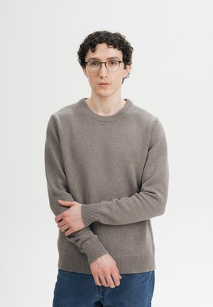 Junge Person mit lockigem dunklem Haar und Brille, die einen grauen Pullover und blaue Jeans trägt, steht mit verschränkten Armen vor weißem Hintergrund.