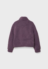 Giacca di pile viola con colletto alto e maniche lunghe. Il materiale testurizzato ha un aspetto morbido e soffice. Design corto.