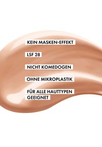 Liquid foundation with a creamy texture, in a light beige shade, featuring text overlays. Smooth appearance, with a shiny finish.