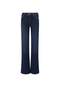 Dunkelblaue, hoch taillierte Schlagjeans mit Vordertaschen, Gürtelschlaufen und Kupferknopfverschluss.