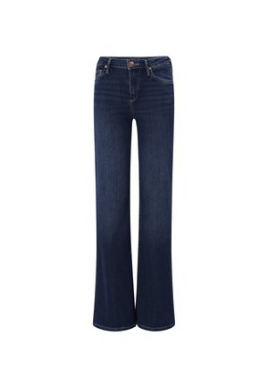 Ciemnoniebieskie dzwony z wysokim stanem, z przednimi kieszeniami, szlufkami na pasek i miedzianym guzikiem.