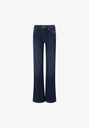 Dunkelblaue, hoch taillierte Schlagjeans mit Vordertaschen, Gürtelschlaufen und Kupferknopfverschluss.