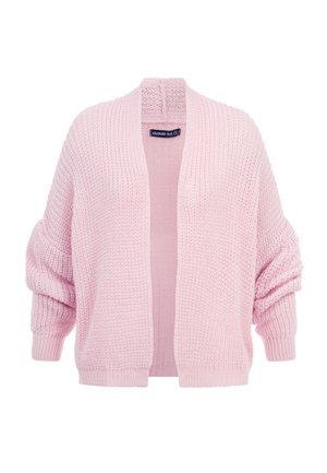 Weiche, rosa, grob gestrickte Strickjacke mit langen, leicht gerafften Ärmeln und offenem Vorderteil, mit dem Etikett "Cloud Sve".