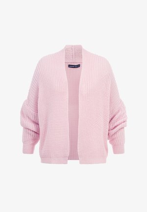 Myk rosa chunky strikket cardigan med lange, lett rynkede ermer og åpen front, merket "Cloud Sve."