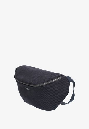Zwarte corduroy stoffen heuptas met zilveren rits en verstelbare strap, gebogen rechthoekige vorm.