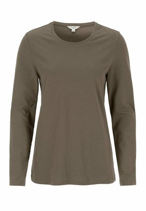T-shirt à manches longues uni, col rond, en vert olive atténué avec une étiquette "Cellbes of Sweden" à l'intérieur du col.