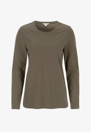 En ensfarvet langærmet T-shirt med rund hals i dæmpet olivengrøn med et mærke, der står "Cellbes of Sweden" inde i kraven.