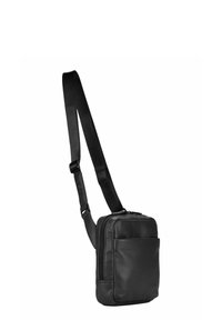 Borsa a tracolla in pelle nera con chiusura a zip, forma rettangolare, tracolla regolabile e tasca frontale per una funzionalità aggiuntiva.