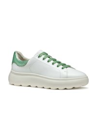 Baskets en cuir blanc avec des accents verts, à bout arrondi et semelle texturée. Présentent des lacets verts et une doublure intérieure douce.