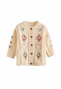 Cremefarvet strikket cardigan med korte ærmer, dekoreret med broderede hjerter og diamantmønstre i pink og grøn, afsluttet med træknapper.