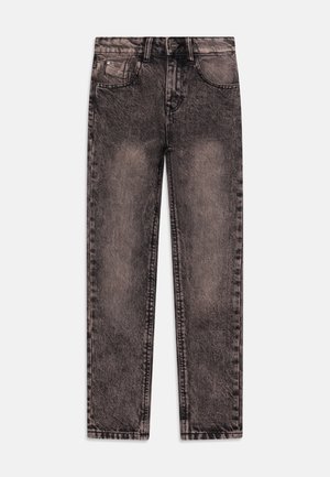 Black denim jeans with a faded wash, straight leg design, classic five-pocket style, and contrasting stitching on seams.