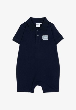Tutina per neonati a maniche corte blu navy con colletto, due bottoni e una toppa grigia a forma di gatto con la scritta "BOSS" sul petto.