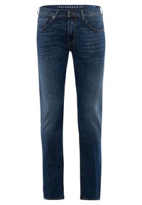 Jean slim ajusté bleu foncé avec légère décoloration, bouton et fermeture éclair à l'avant, poches latérales et poche monnaie, et logo Baldessarini sur la doublure de la ceinture.