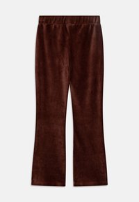 Pantalons évasés marron en tissu doux et pelucheux. Dotés d'une taille élastique et d'une texture lisse, sans motifs ni accents visibles.