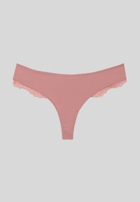 Pink thong made of smooth fabric with scalloped lace trim along the edges, featuring a minimalist design and fitted shape.