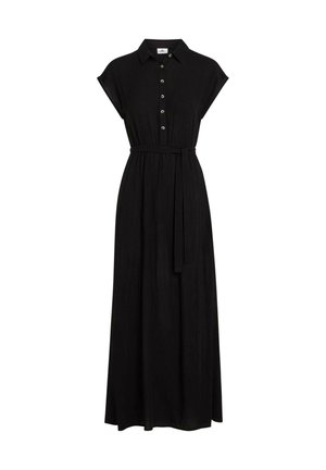 Robe maxi noire avec col à revers, manches courtes, fermeture boutonnée à l'avant, ceinture à la taille et texture lisse.