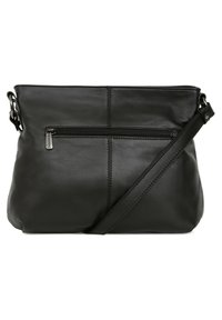 Borsa a tracolla in pelle nera con tasca con zip, texture morbida, design piatto e spallaccio regolabile, caratterizzata da dettagli di cucitura sottili.