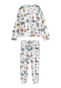 Bavlněná sada pyžama s bílým podkladem a námořnickým potiskem, zahrnujícím majáky, plachty a mořské tvory. Dlouhé rukávy a elastický pas.