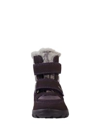 Botín morado para toddlers con parte superior de ante y sintético, forro de piel sintética, doble correa de velcro y suela de goma para tracción.