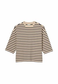 Gestreiftes beige und marineblaues T-Shirt mit rundem Ausschnitt und drei Viertelärmeln. Hergestellt aus weichem Stoff, mit horizontalen Streifen.