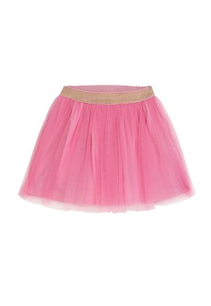 Rosa Tüllrock mit elastischem goldfarbenem Bund, mehrlagigem Design mit weicher, luftiger Textur, kurzer Länge und voluminöser Silhouette.