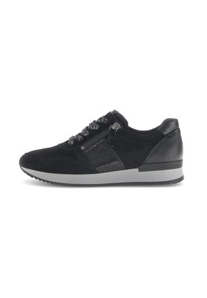 Black suede lace-up sneaker featuring a textured side panel, silver hardware accents, and a gray rubber sole.